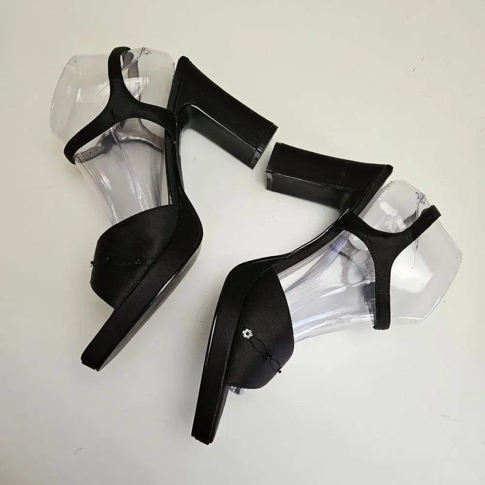 Y2K Unlisted Wedge Heels Women's 10 Black Satin Sequin Ankle Strap‎ Sandals